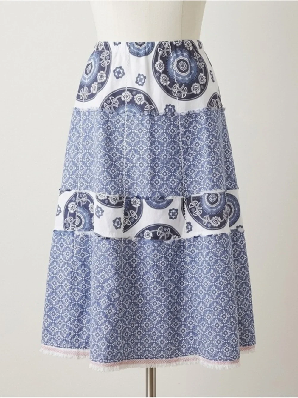Eddie Bauer Y2K Blue White Paisley Tiered Maxi Skirt 100% Cotton Lined 10 Petite